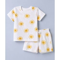 Babyhug 100% Cotton Single Jersey Knit Half Sleeves T-Shirt and Short with Sun Print - White