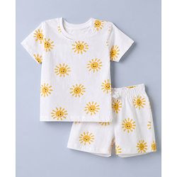 Babyhug 100% Cotton Single Jersey Knit Half Sleeves T-Shirt and Short with Sun Print - White