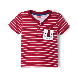 Babyhug Single Jersey Knit Half Sleeves Striped & Lion Embroidered T-Shirt & Shorts Set - Red & Blue