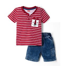 Babyhug Single Jersey Knit Half Sleeves Striped & Lion Embroidered T-Shirt & Shorts Set - Red & Blue