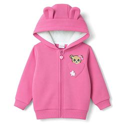 Babyhug 100% Cotton Knit Full Sleeves Front Open Hooded Sweatshirt With Applique - Pink