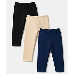 Babyhug Cotton Lycra Elastane Knit Slim Fit Full Length Solid Leggings Pack of 3 - Navy Blue, Cream & Black