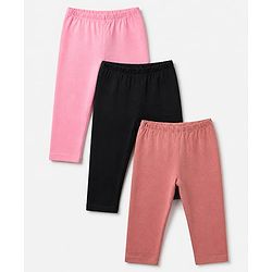 Babyhug Cotton Lycra Elastane Knit Slim Fit Full Length Solid Leggings Pack of 3 - Pink, Black & Rose Gold