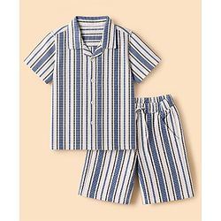 Babyhug Cotton Woven Half Sleeves Co-Ords Striped Shirt & Shorts Set - Blue