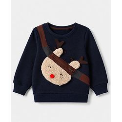 Babyhug Cotton Blend Fleece Knit Sweatshirt with Full Sleeves and Reindeer Detailing - Navy Blue