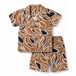 Babyhug Cotton Woven Half Sleeves Tropical Printed Co-Ords Shirt & Shorts Set - Brown