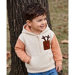 Babyhug Fleece Knit Front Open Hooded Sweatshirt With Full Sleeves and Reindeer Patch - Beige