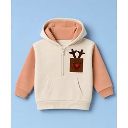 Babyhug Fleece Knit Front Open Hooded Sweatshirt With Full Sleeves and Reindeer Patch - Beige
