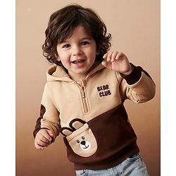 Babyhug Fleece Knit Full Sleeves Hooded Bear Club Embroidered Sweat Shirt with Bear Applique Pocket -  Tan & Brown