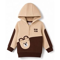 Babyhug Fleece Knit Full Sleeves Hooded Bear Club Embroidered Sweat Shirt with Bear Applique Pocket -  Tan & Brown
