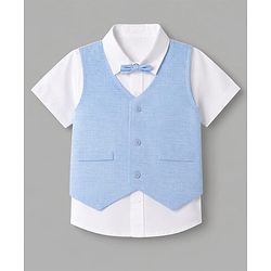 Babyhug Woven Half Sleeves Solid Colour 3 Piece Party Suit With Bow - Light Blue
