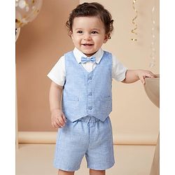 Babyhug Woven Half Sleeves Solid Colour 3 Piece Party Suit With Bow - Light Blue
