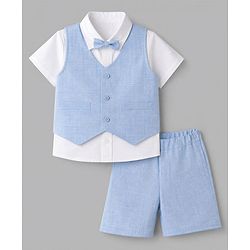Babyhug Woven Half Sleeves Solid Colour 3 Piece Party Suit With Bow - Light Blue
