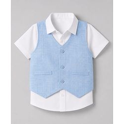 Babyhug Woven Half Sleeves Solid Colour 3 Piece Party Suit With Bow - Light Blue