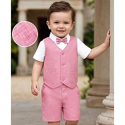 Babyhug Woven Half Sleeves Solid Colour 3 Piece Party Suit With Bow - Pink