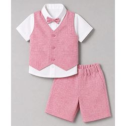 Babyhug Woven Half Sleeves Solid Colour 3 Piece Party Suit With Bow - Pink