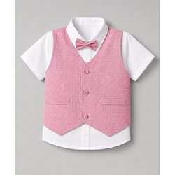 Babyhug Woven Half Sleeves Solid Colour 3 Piece Party Suit With Bow - Pink