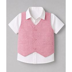 Babyhug Woven Half Sleeves Solid Colour 3 Piece Party Suit With Bow - Pink