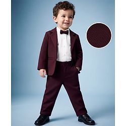 Babyhug Woven Full Sleeves Solid Three Piece Party Suit With Bow - Wine