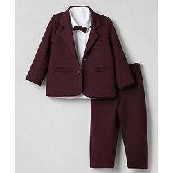 Babyhug Woven Full Sleeves Solid Three Piece Party Suit With Bow - Wine
