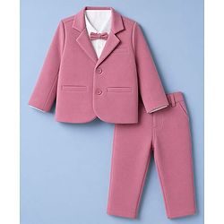 Babyhug Woven Full Sleeves Solid Three Piece Party Suit With Bow - Mauve