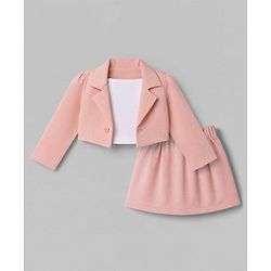 Babyhug Knit Full Sleeves Blazer Style Co-Ords Top & Skirts Set with Inner Tee - Peach