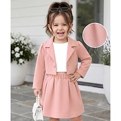 Babyhug Knit Full Sleeves Blazer Style Co-Ords Top & Skirts Set with Inner Tee - Peach