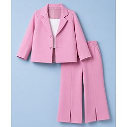 Babyhug Knit Full Sleeves Solid Top & Pant Set With Blazer - Pink