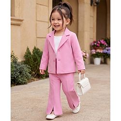 Babyhug Knit Full Sleeves Solid Top & Pant Set With Blazer - Pink