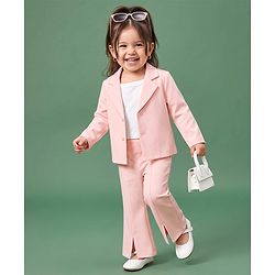 Babyhug Knit Full Sleeves Solid Top & Pant Set With Blazer - Peach