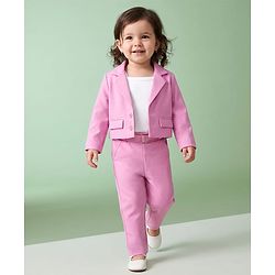 Babyhug Knit Full Sleeves Solid Top & Pant Set With Blazer - Pink