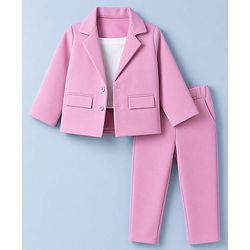 Babyhug Knit Full Sleeves Solid Top & Pant Set With Blazer - Pink