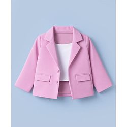 Babyhug Knit Full Sleeves Solid Top & Pant Set With Blazer - Pink