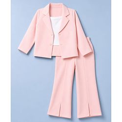 Babyhug Knit Full Sleeves Solid Top & Pant Set With Blazer - Peach
