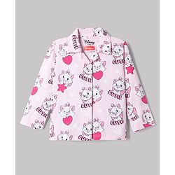 Babyhug Disney Single Jersey Knit Full Sleeves Front Open Shirt & Pyjama Night Suit Co-Ords Set With Marie Graphic - Pink