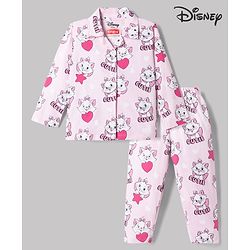 Babyhug Disney Single Jersey Knit Full Sleeves Front Open Shirt & Pyjama Night Suit Co-Ords Set With Marie Graphic - Pink