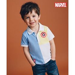 Babyhug Marvel Single Jersey Knit Half Sleeves Cut & Sew Designed Polo T-Shirt with Avengers Badge Detailing - Blue & White