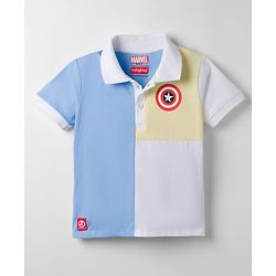 Babyhug Marvel Single Jersey Knit Half Sleeves Cut & Sew Designed Polo T-Shirt with Avengers Badge Detailing - Blue & White