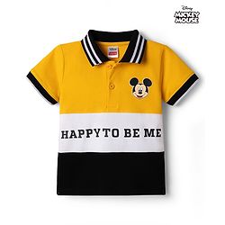 Babyhug Disney Single Jersey Knit Half Sleeves Colour Block Polo T-Shirt with Mickey Mouse Graphics - Yellow White & Black