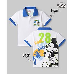 Babyhug Disney Cotton Knit Half Sleeves Polo T-Shirt with Front & Back Mickey Mouse Surf Print - White