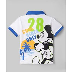 Babyhug Disney Cotton Knit Half Sleeves Polo T-Shirt with Front & Back Mickey Mouse Surf Print - White