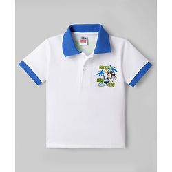Babyhug Disney Cotton Knit Half Sleeves Polo T-Shirt with Front & Back Mickey Mouse Surf Print - White