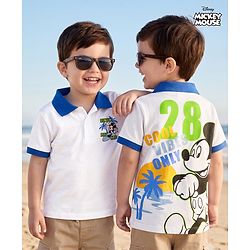 Babyhug Disney Cotton Knit Half Sleeves Polo T-Shirt with Front & Back Mickey Mouse Surf Print - White