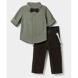 Babyhug 100% Cotton Woven Full Sleeves Shirt and Pants Set With Bow & Suspender - Black & Olive Green