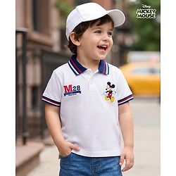 Babyhug Disney 100% Cotton Knit Half Sleeves Polo T-Shirt Wit Mickey Mouse Graphic - White