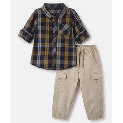 Babyhug 100% Cotton Woven Full Sleeves Checked Shirt and Joggers Set - Biege