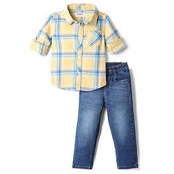 Babyhug Cotton Blend Full Sleeves Checked Shirt and Denim Jeans - Yellow