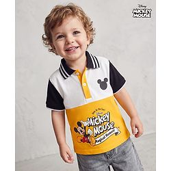 Babyhug Disney Cotton Knit Half Sleeves Polo T-Shirt with Mickey Mouse Print - Yellow