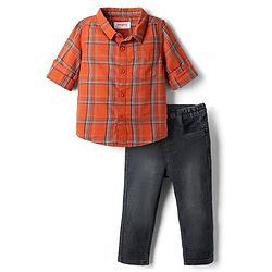 Babyhug Cotton Mixes Woven Full Sleeves Checks Shirt and Denim Jeans - Red