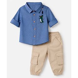 Babyhug 100% Cotton Woven Full Sleeves Shirt and Pant with Crocodile Print - Blue
